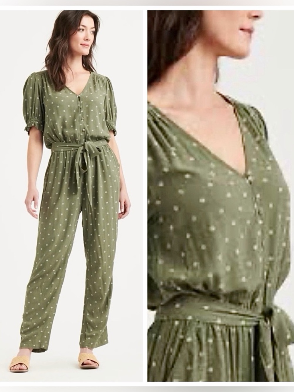 NWT ($99) Lucky Brand Olive Green Printed V-Neck Jumpsuit with Belt Sz XL